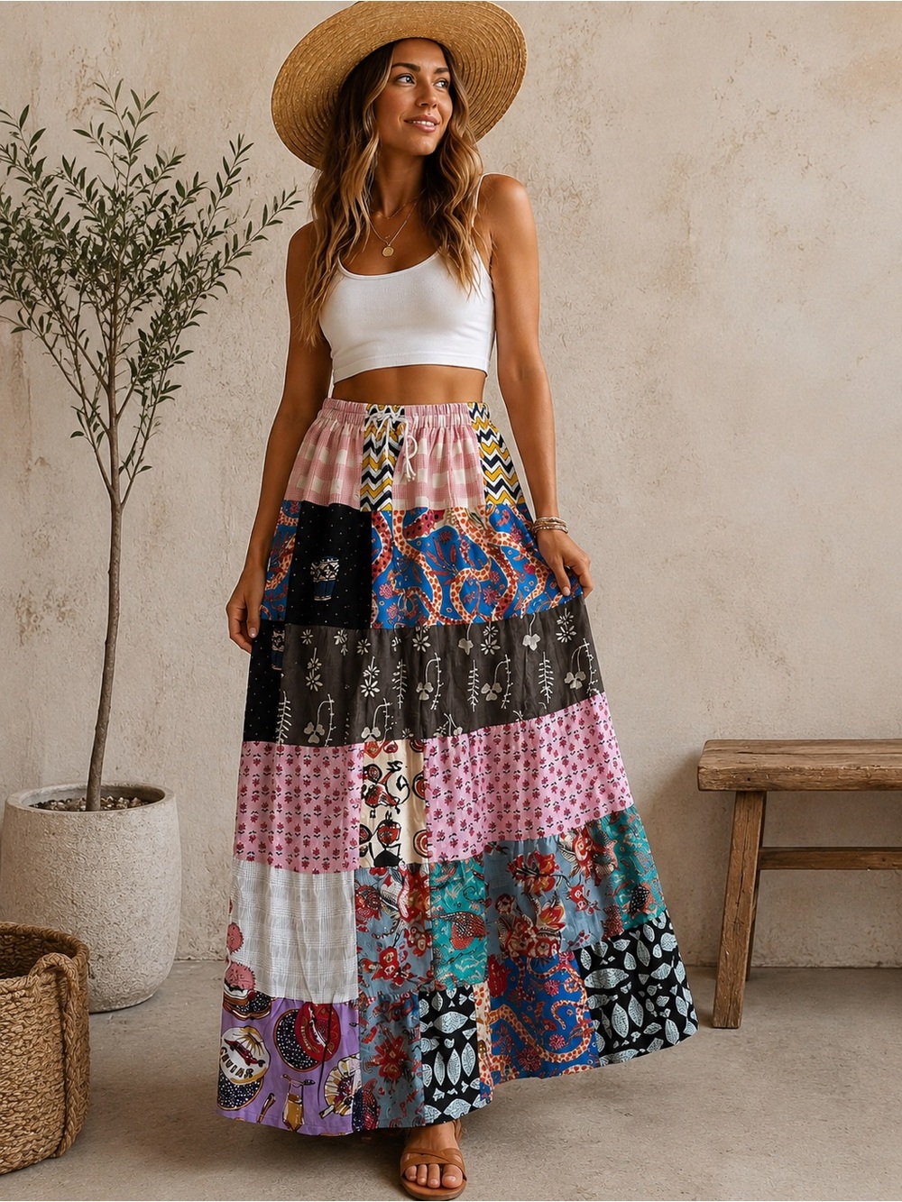 Ashley Taylor Pink Multi Patchwork Maxi Skirt One size